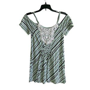 Chemistry Green Top Black & White Stripes Cotton Blend Tunic Top Summer | Size S